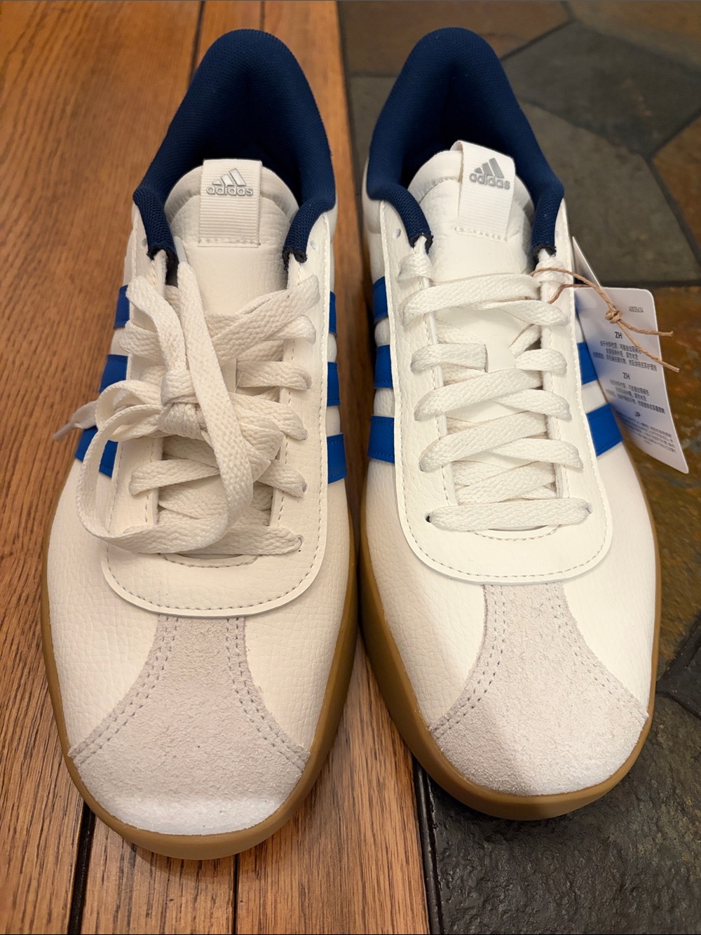 adidas White Sneakers with Blue Stripes and Gum Outsole